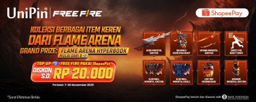 Panaskan Aksi di Flame Arena Hyperbook Free Fire! Diskon s.d. Rp20.000 dengan Bayar Pakai ShopeePay di UniPin!